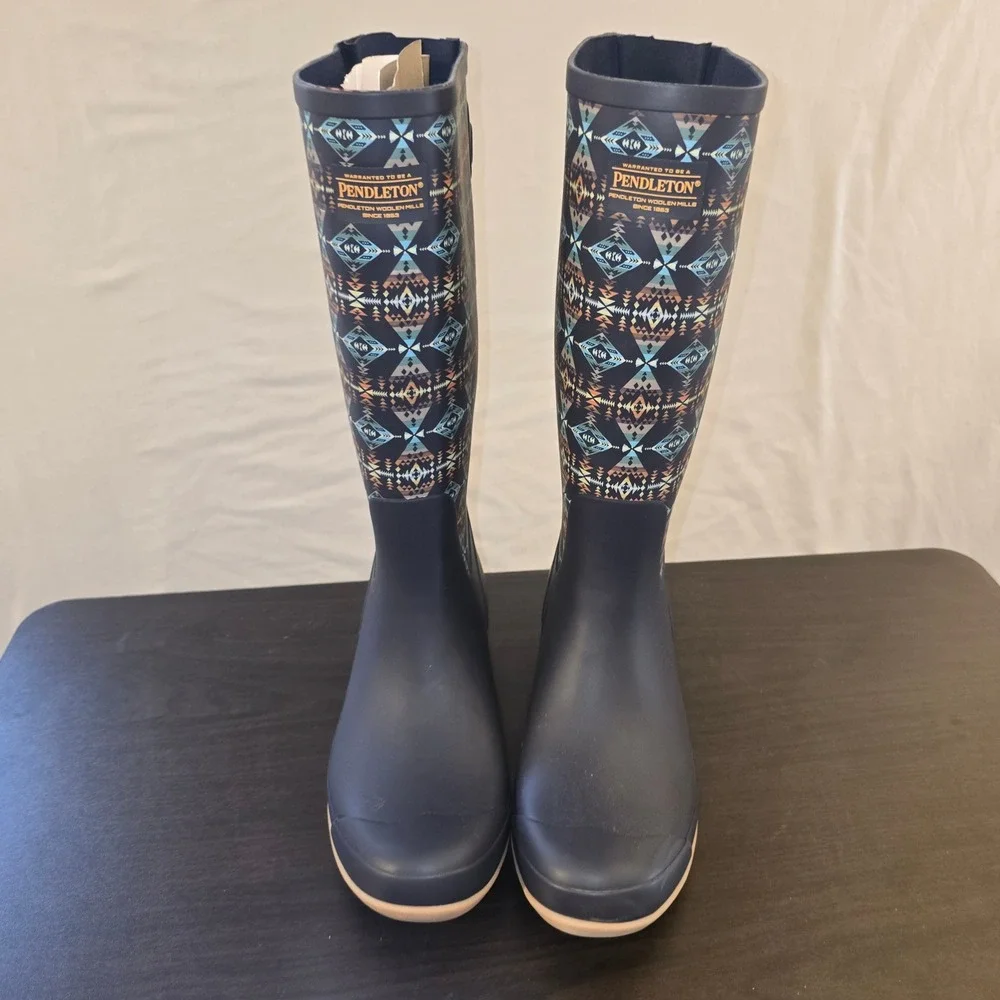 Pendleton Rain Boots Size 11 Womens Navy Blue Geometric Tall Waterproof Rubber